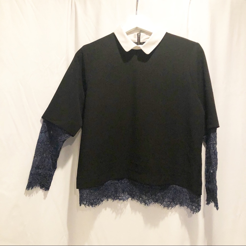 Topshop Black shirt w/blue lace & peter pan collar